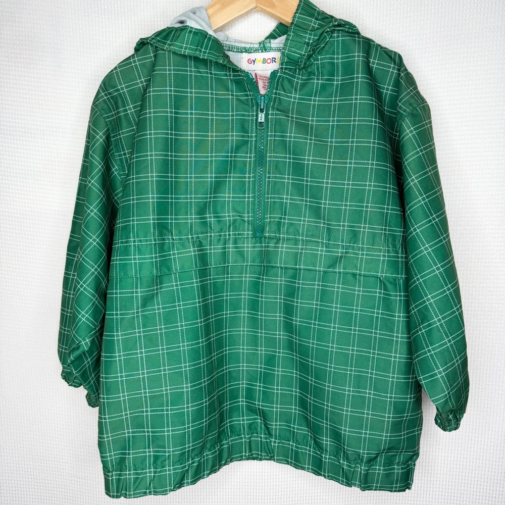 Vintage Gymboree Green Grid Print Hooded Windbreaker Anorak Jacket Kids ML